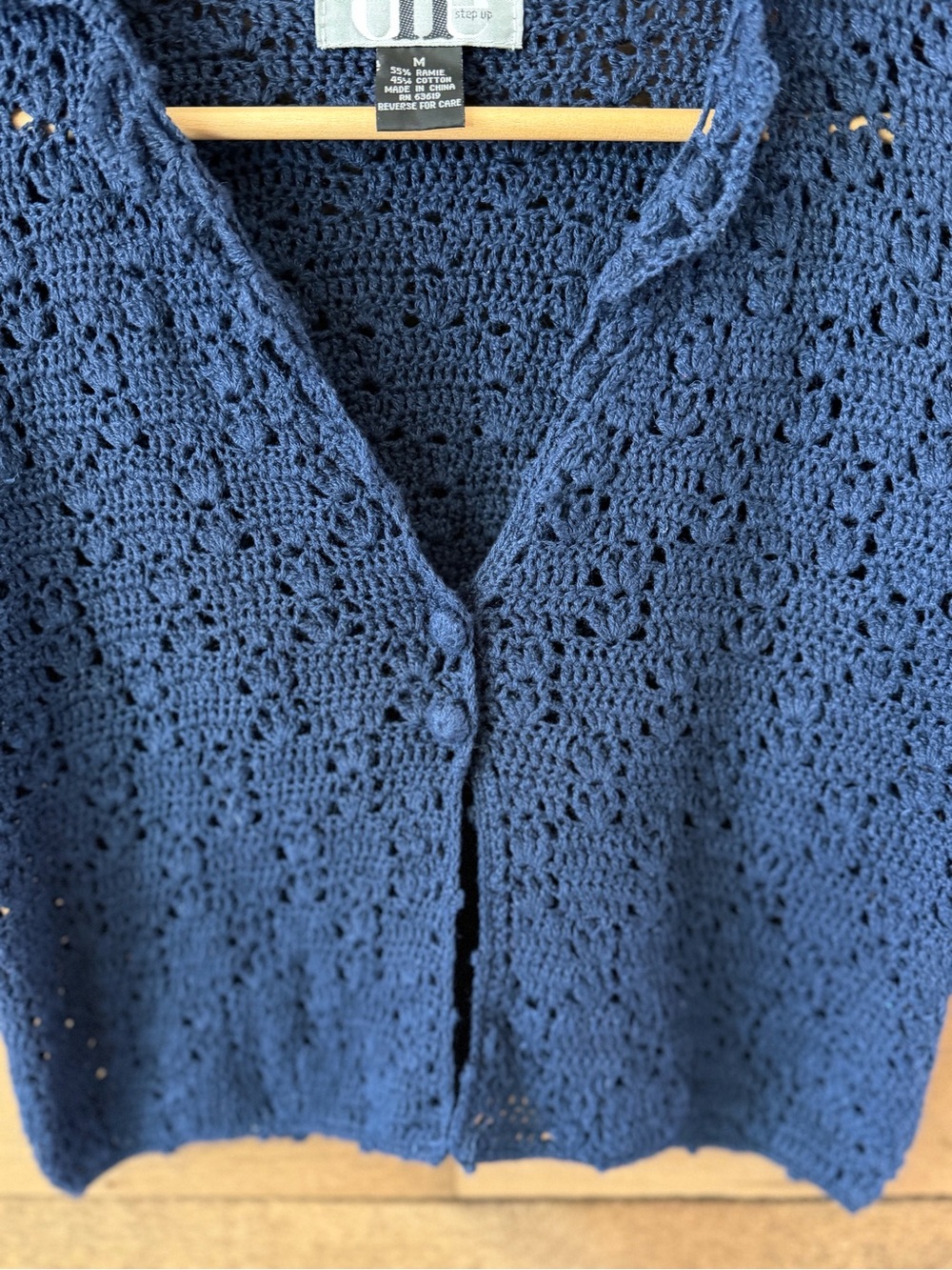 Y2K Navy Crochet Knit Cardigan Top Ramie Cotton Cottagecore Boho - Picture 5 of 8